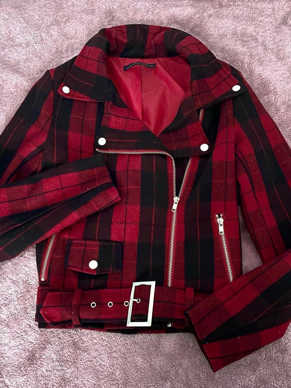 Plaid Red and Black Belted Moto Jacket